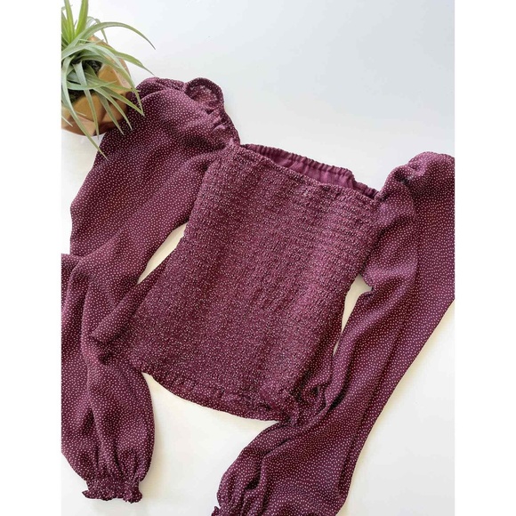 Abercrombie & Fitch Smocked Back Fitted Top with Balloon Sleeves XS Burgundy - Picture 4 of 12